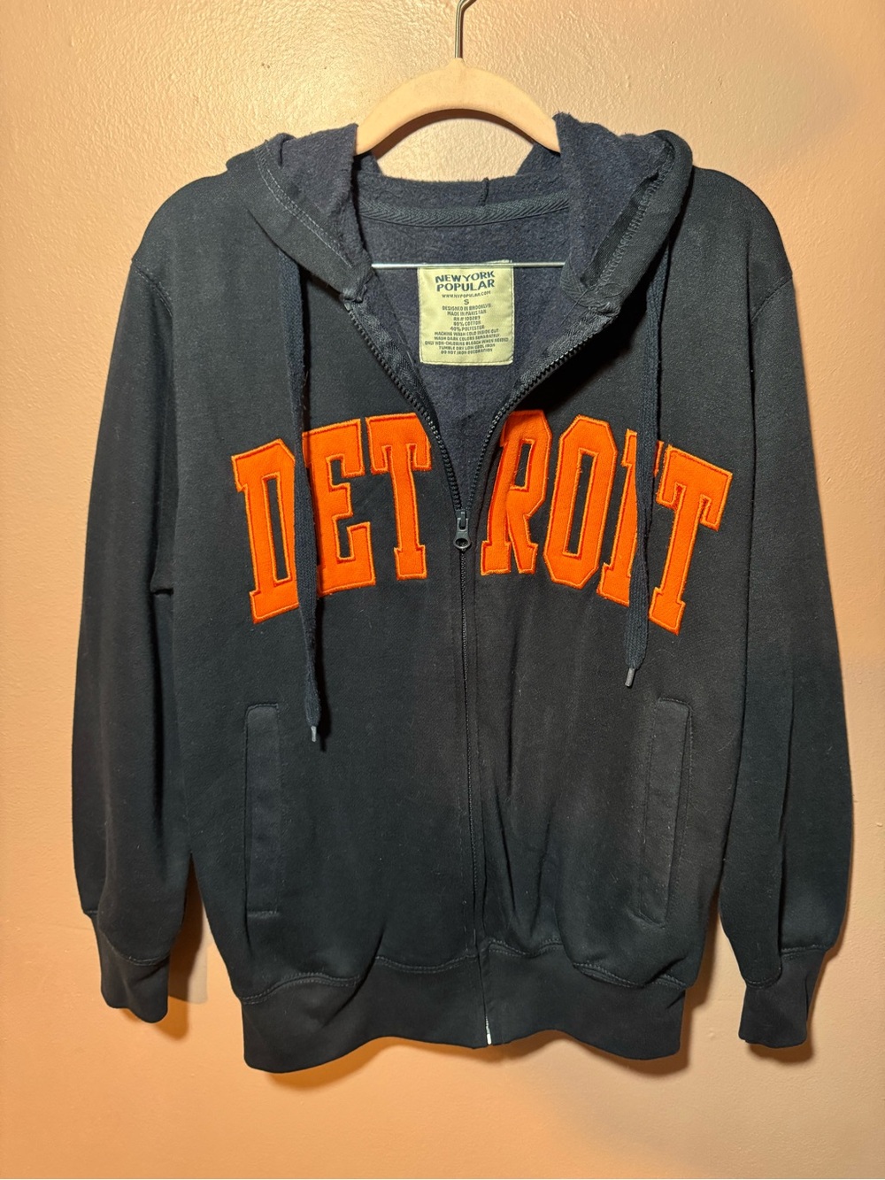 Men's Detroit Graphic Print Full Zip Hoodie Navy Blue/Orange Fleece Cotton Size